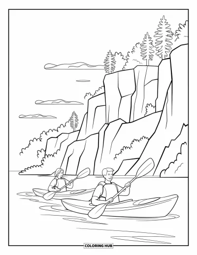 Coloriage du Michigan pour enfants : Deux kayaks glissant devant de hautes falaises aux Pictured Rocks