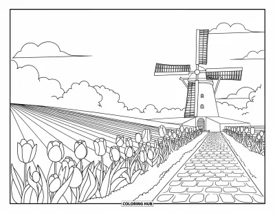 Coloriage du Michigan pour enfants : Moulin à vent et champs de tulipes sous un ciel de nuages moelleux
