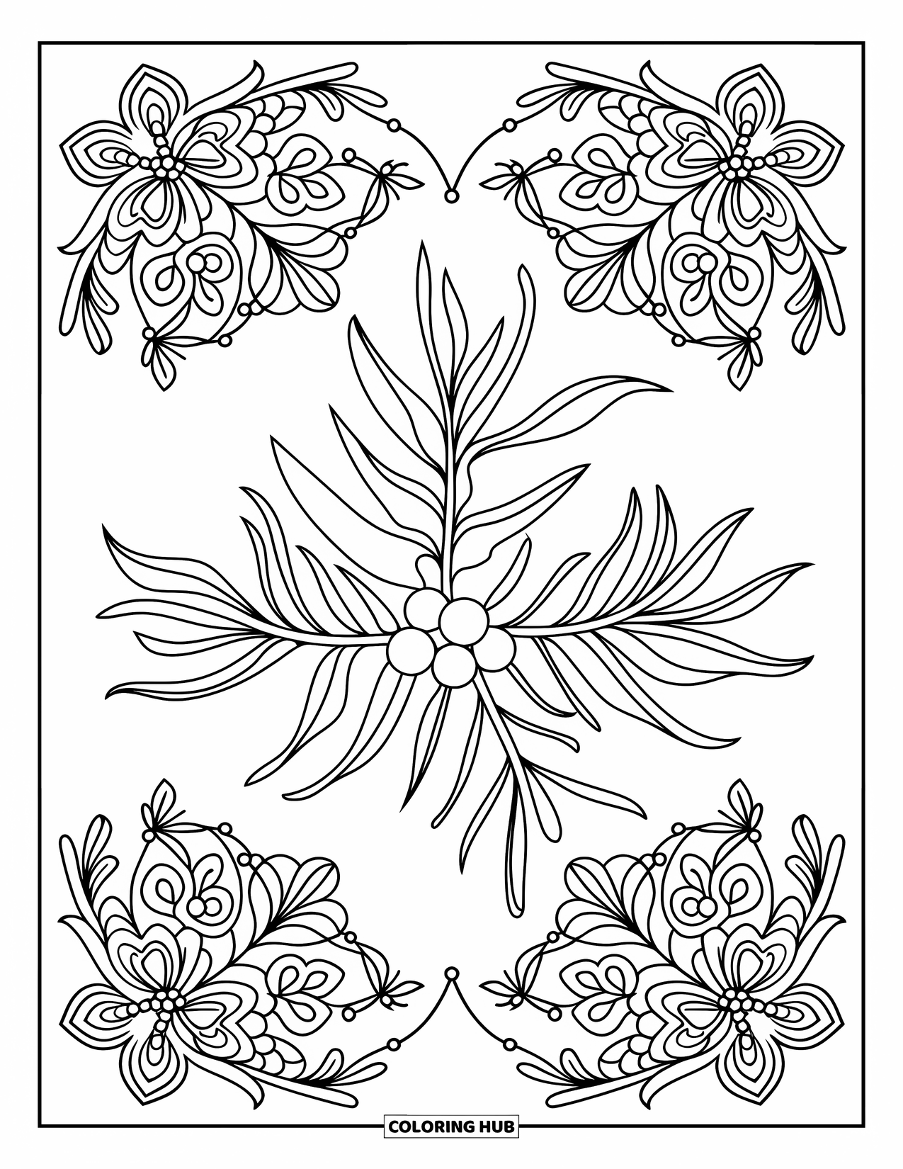 Mistletoe Coloring Page for Adults: A central mistletoe sprig is framed by a floral mandala