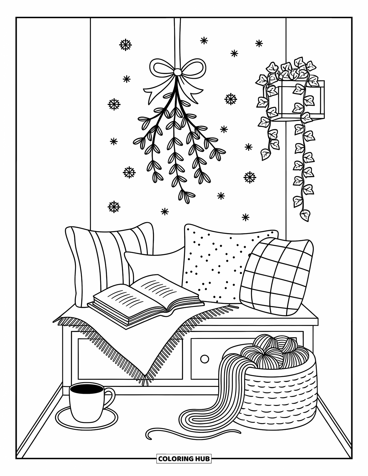 Mistletoe Coloring Page for Adults: A cozy nook with pillows, an open book, and mistletoe above
