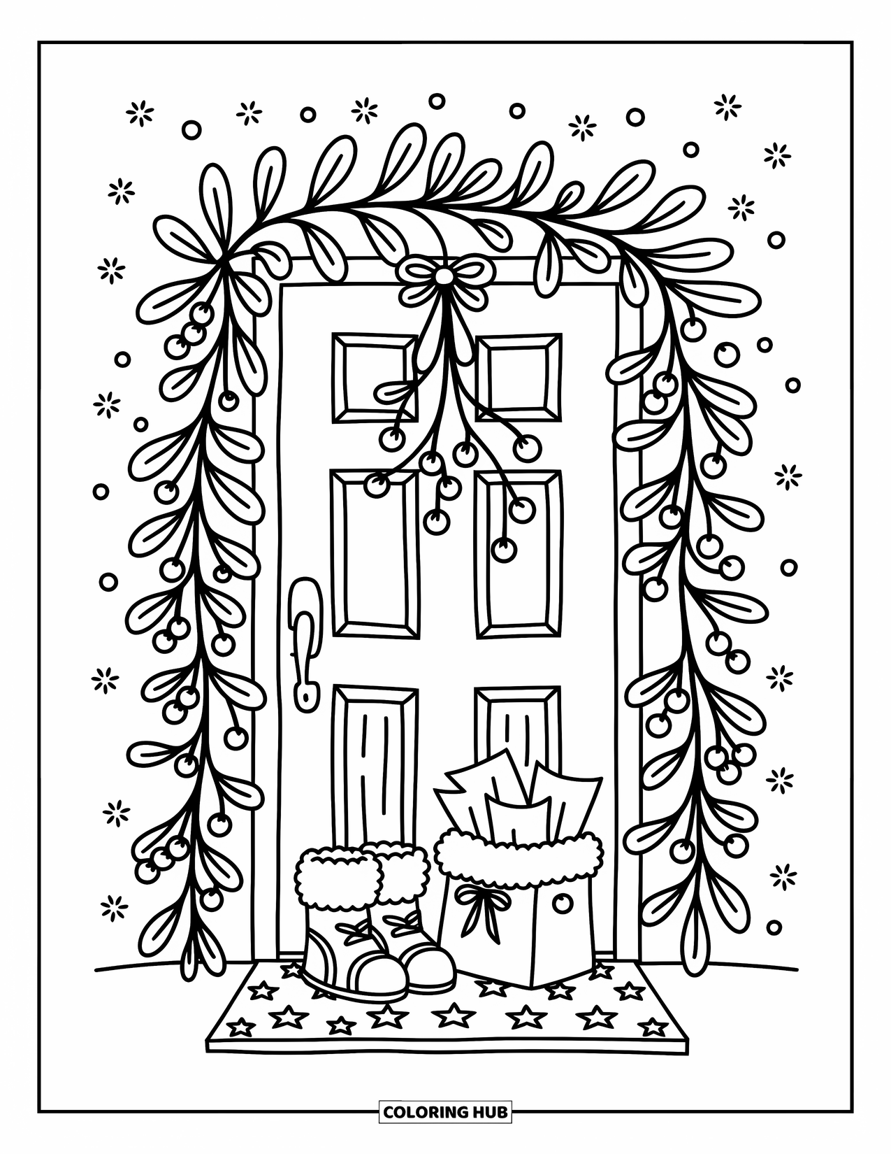 Mistletoe Coloring Page for Adults: A doorway with mistletoe, winter boots, and a gift bag below