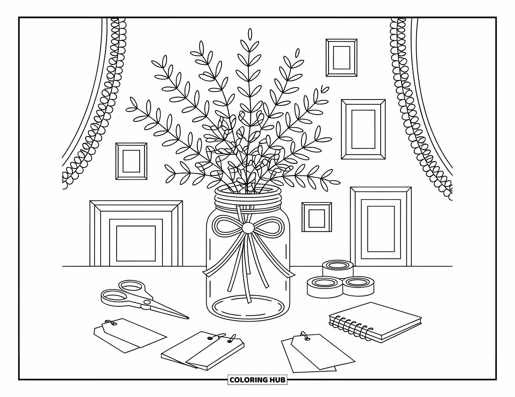 Mistletoe Coloring Page for Adults: A jar of mistletoe tied with ribbon is surrounded by cozy craft tools