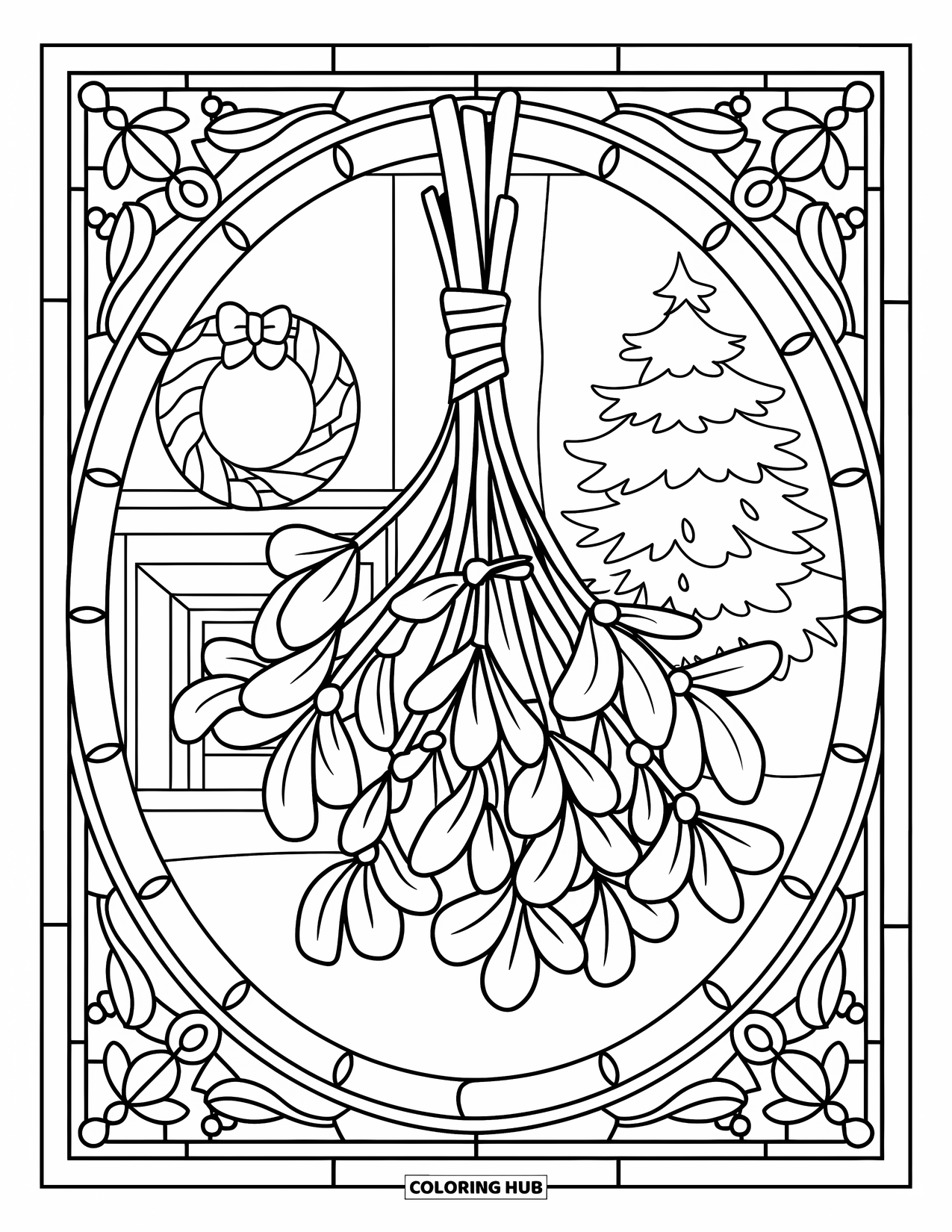 Mistletoe Coloring Page for Adults: A mistletoe bunch glows inside a stained glass oval scene