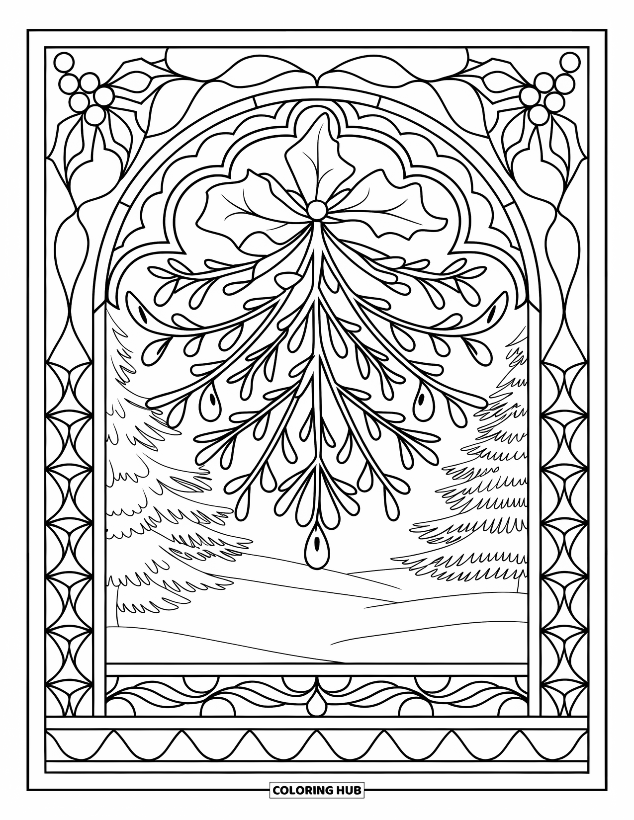 Mistletoe Coloring Page for Adults: A mistletoe centerpiece glows within swirling stained glass arches