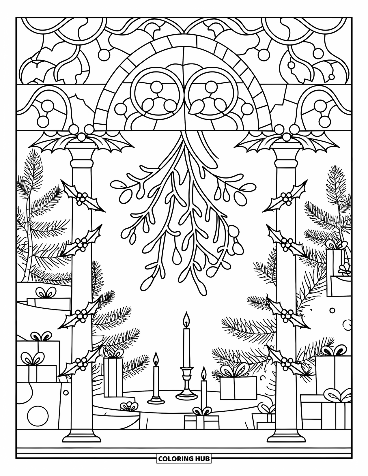 Mistletoe Coloring Page for Adults: A mistletoe centerpiece sits in a stained glass arch with holly