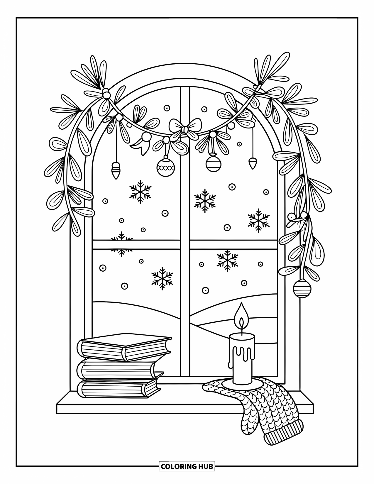 Mistletoe Coloring Page for Adults: A mistletoe garland frames a snowy window with books and a mitten