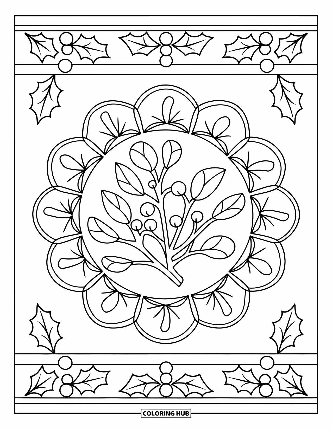 Mistletoe Coloring Page for Adults: A mistletoe sprig is framed by floral mandala and holly borders