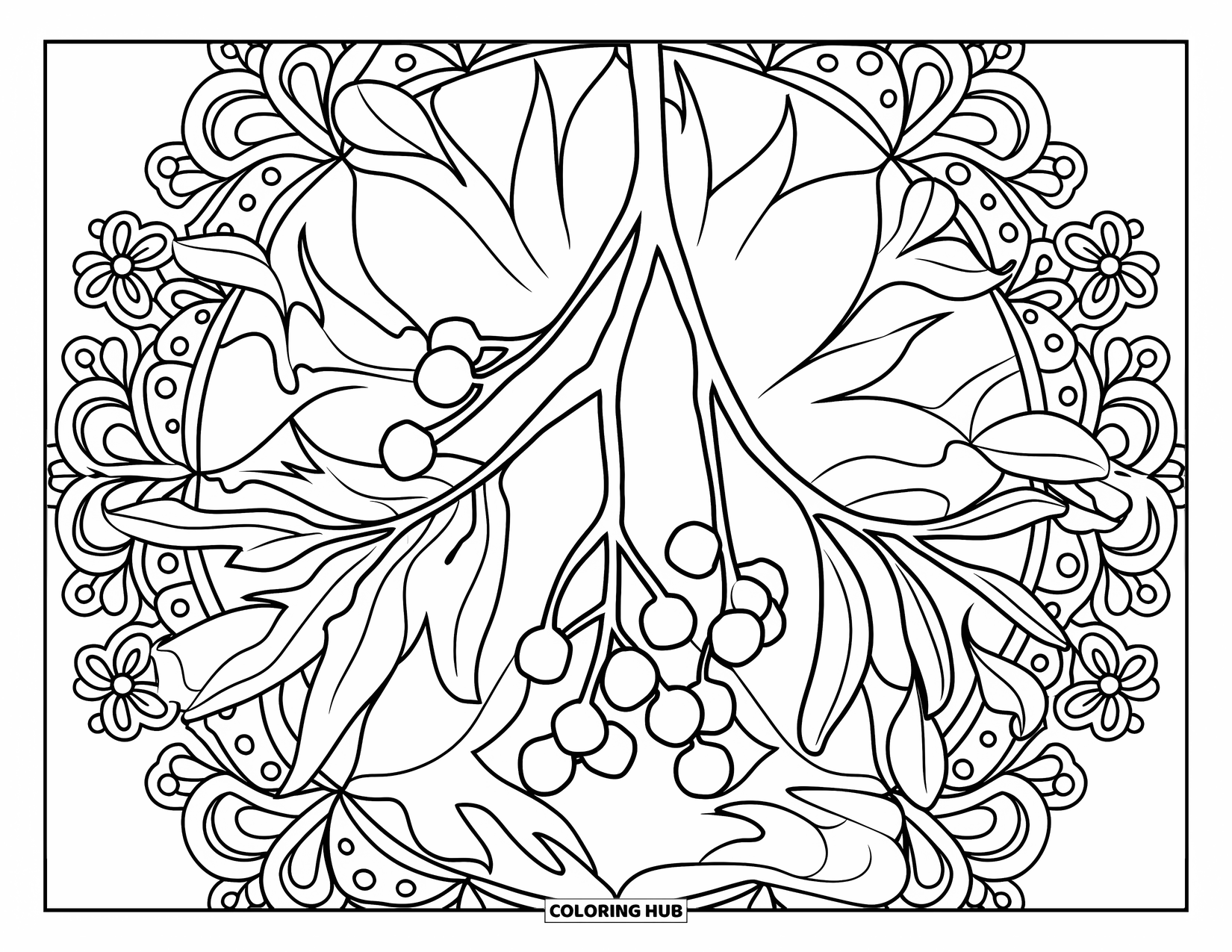 Mistletoe Coloring Page for Adults: A mistletoe stem with berries sits inside a floral mandala