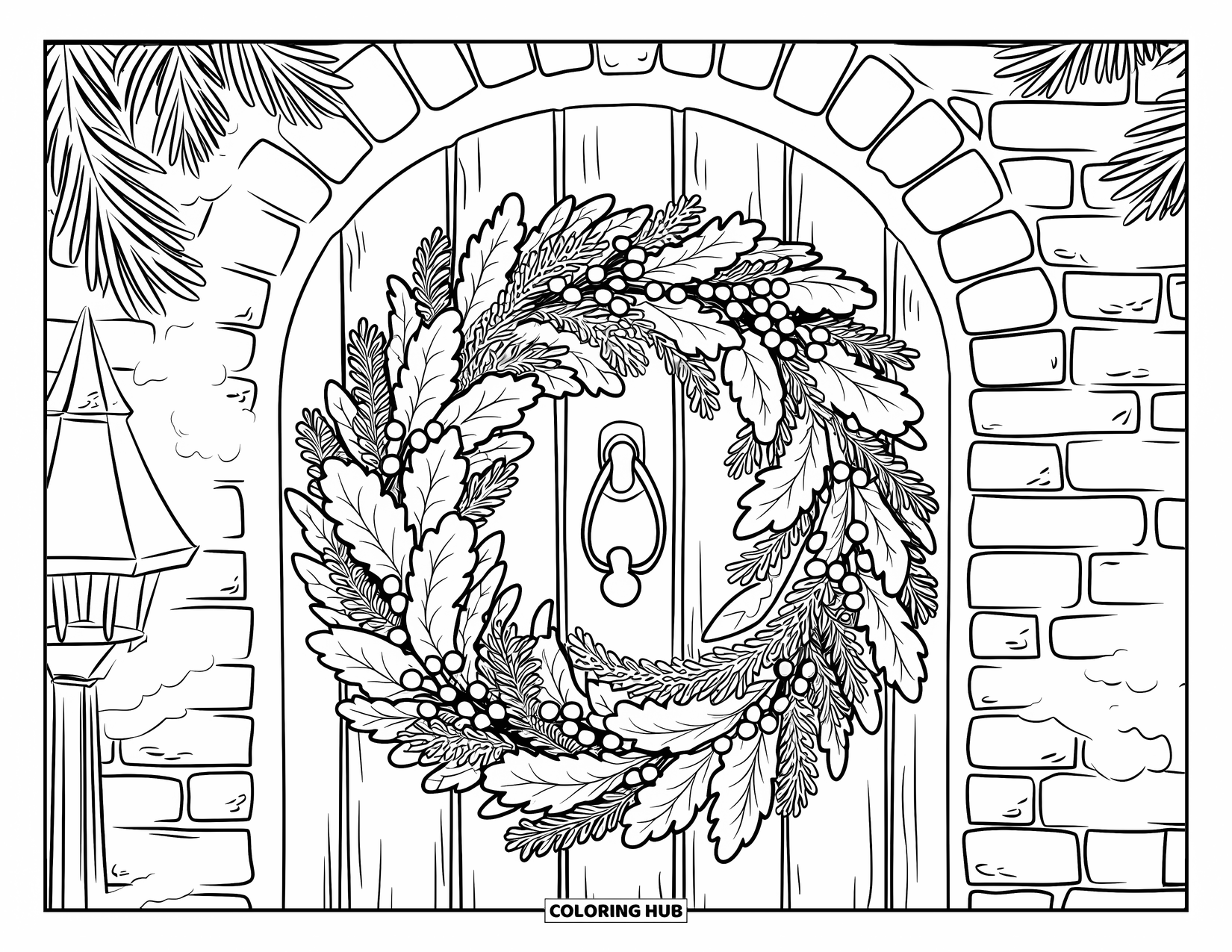 Mistletoe Coloring Page for Adults: A mistletoe wreath hangs on a brick doorway beside a snowy lamppost