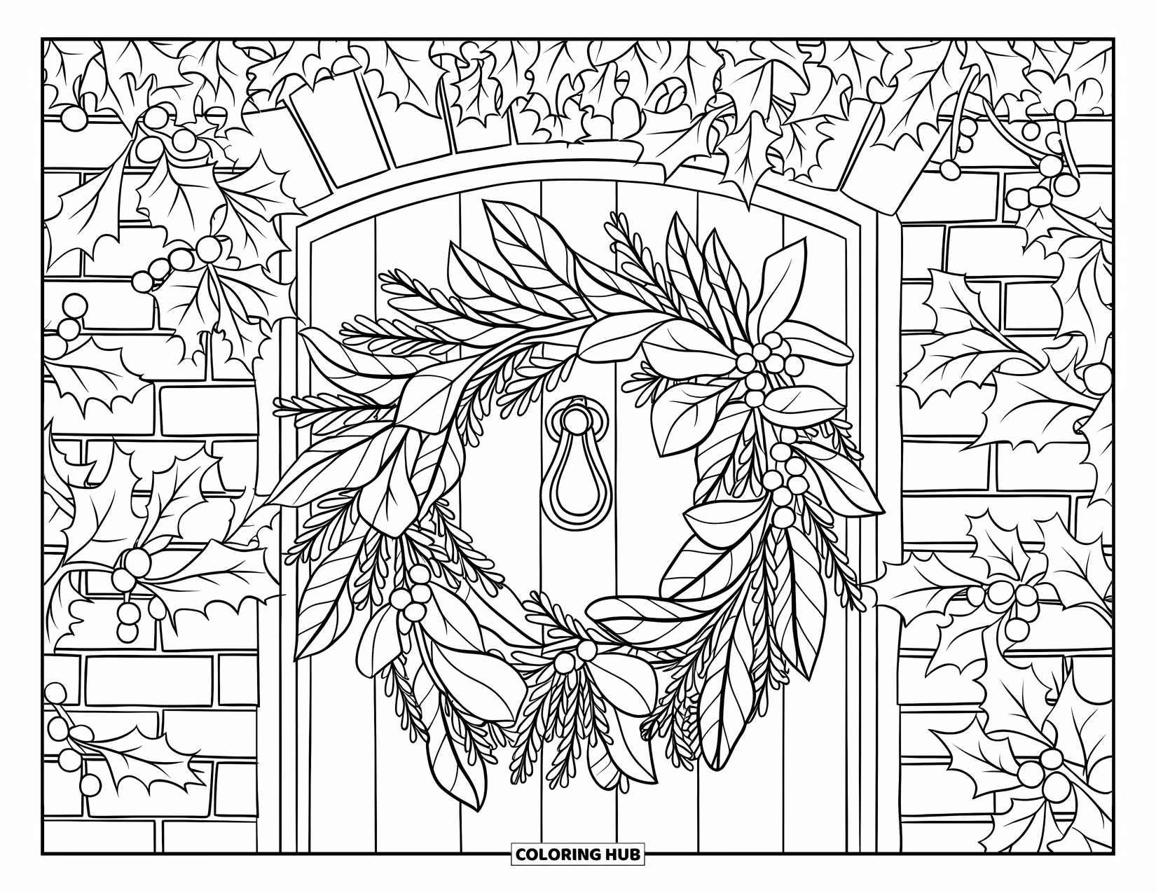 Mistletoe Coloring Page for Adults: A mistletoe wreath with ivy decorates a snowy brick doorway
