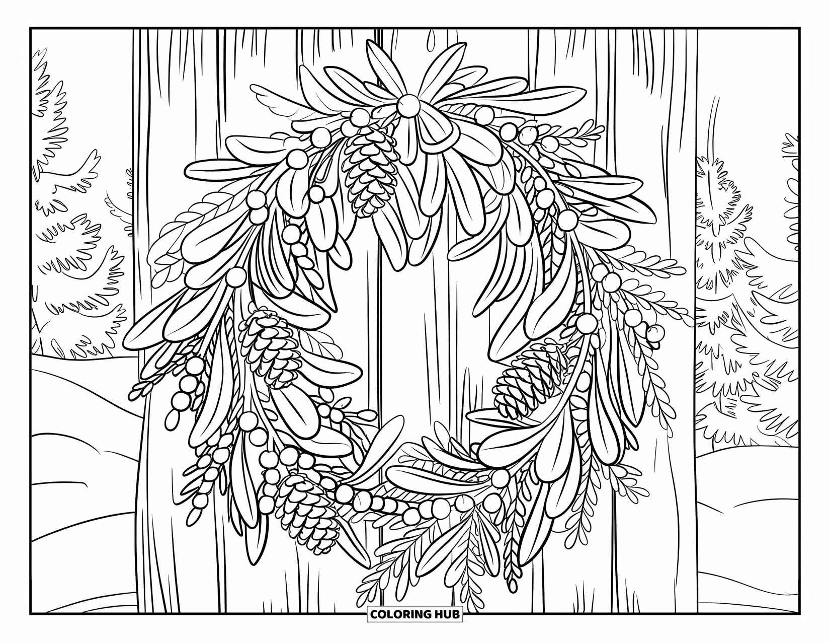 Mistletoe Coloring Page for Adults: A mistletoe wreath with pinecones hangs on a snowy wooden door