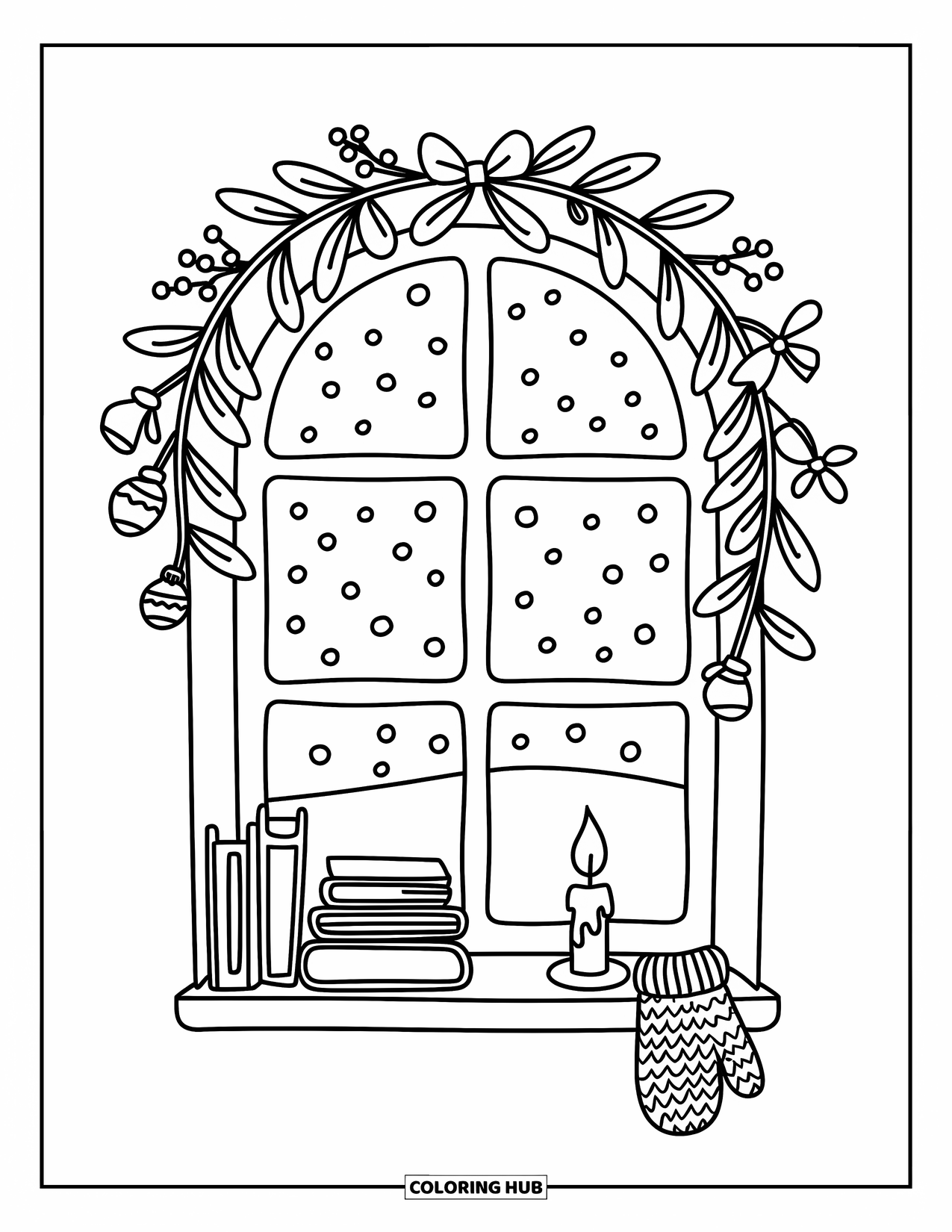 Mistletoe Coloring Page for Adults: A window with mistletoe garlands, bows, and a candle on the sill