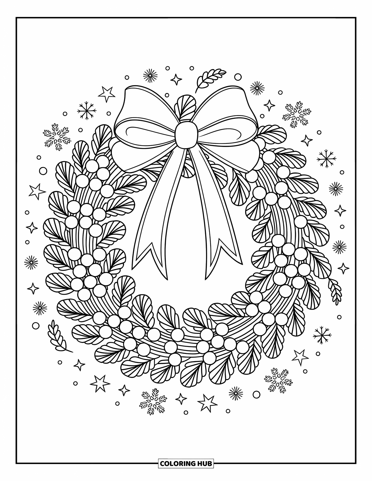 Mistletoe Coloring Page for Adults: A wreath of mistletoe branches with a big bow and snowy aura