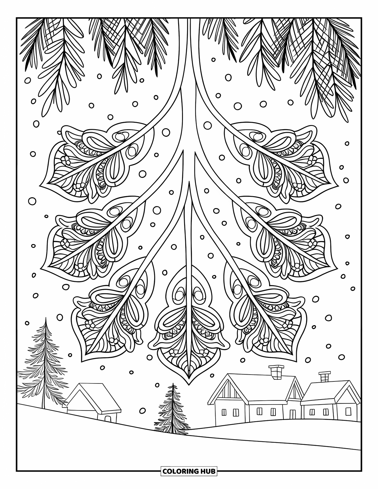 Mistletoe Coloring Page for Adults: Mistletoe branches form mandala shapes near a snowy village