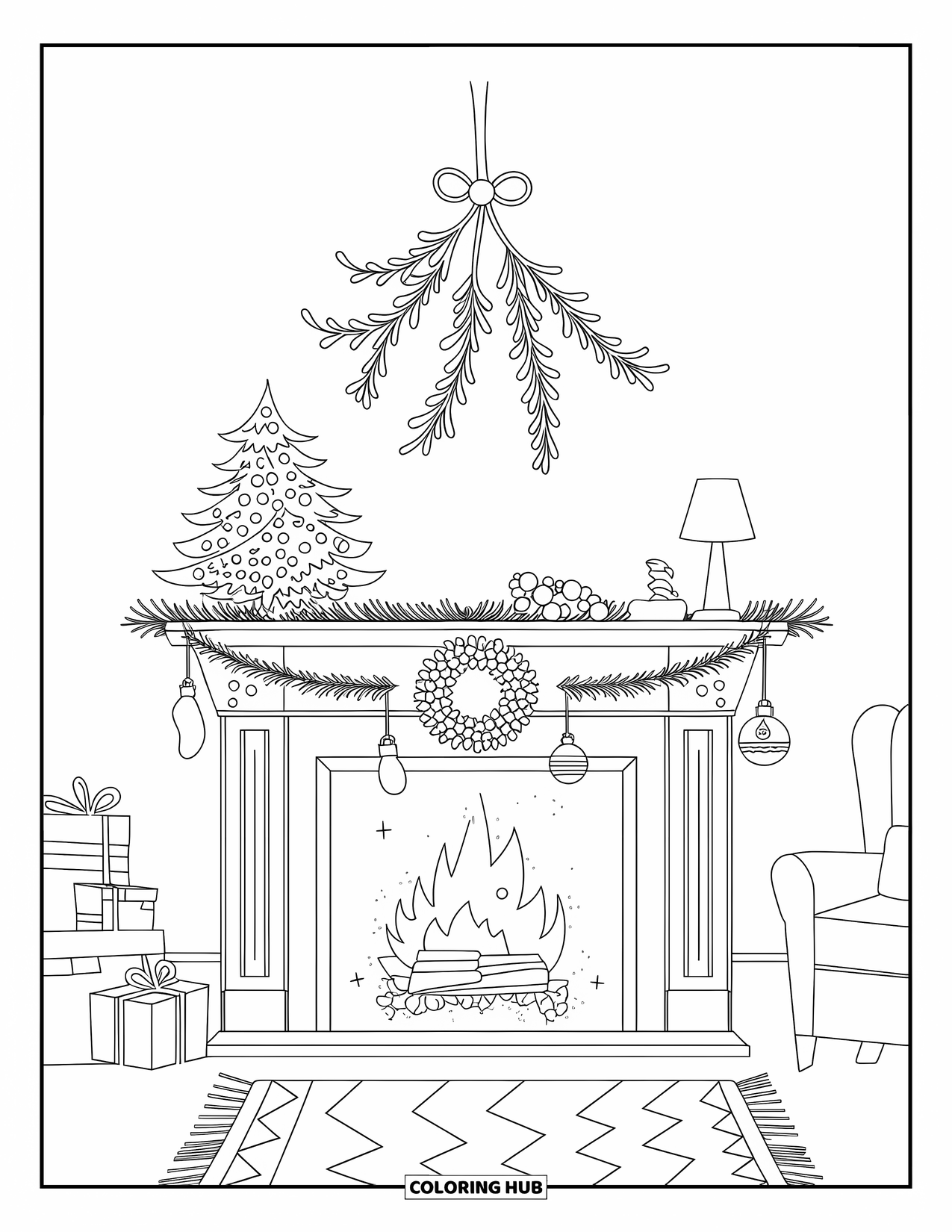 Mistletoe Coloring Page for Kids: A cozy fireplace mantle with mistletoe hangs above stockings