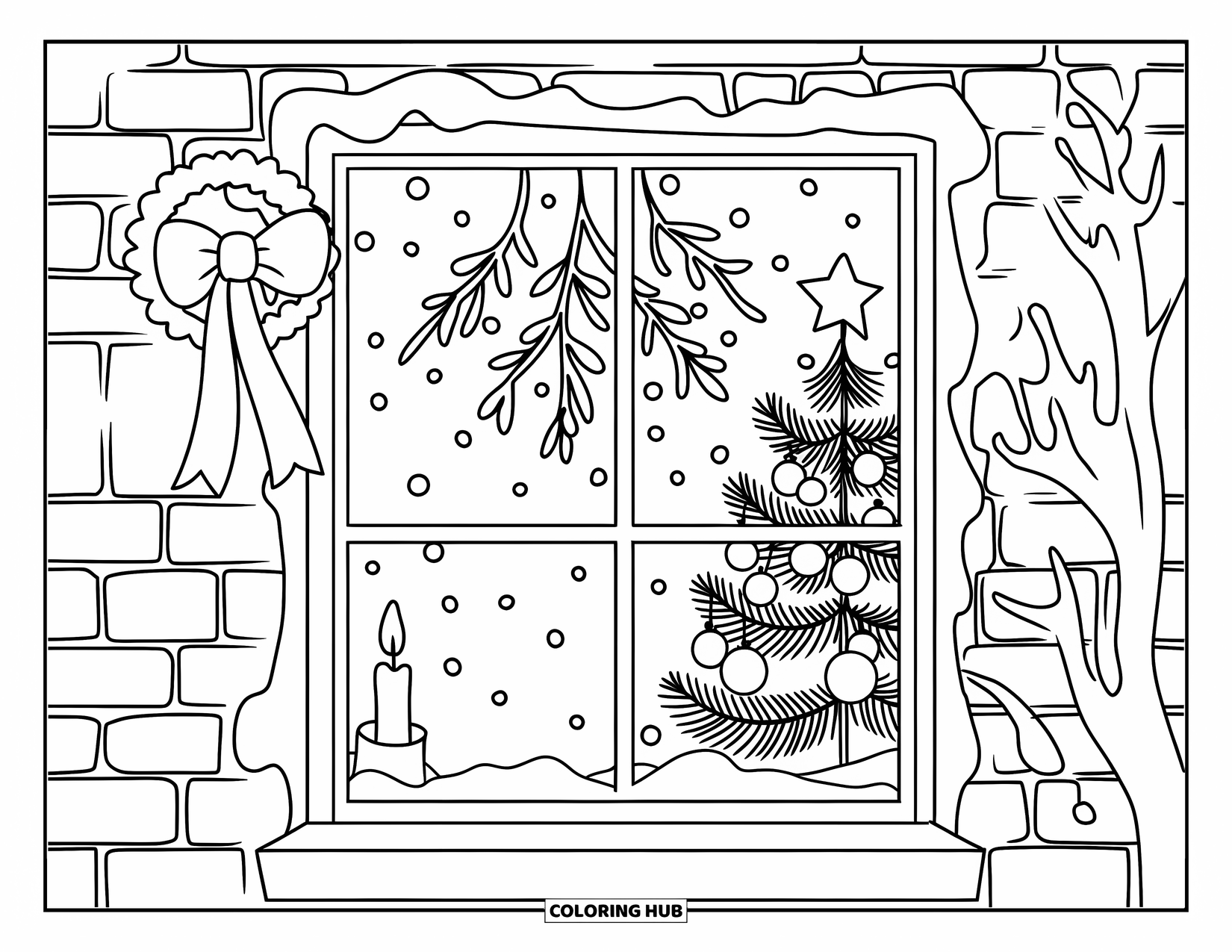 Mistletoe Coloring Page for Kids: A cozy window scene shows a wreath, candle, and mistletoe
