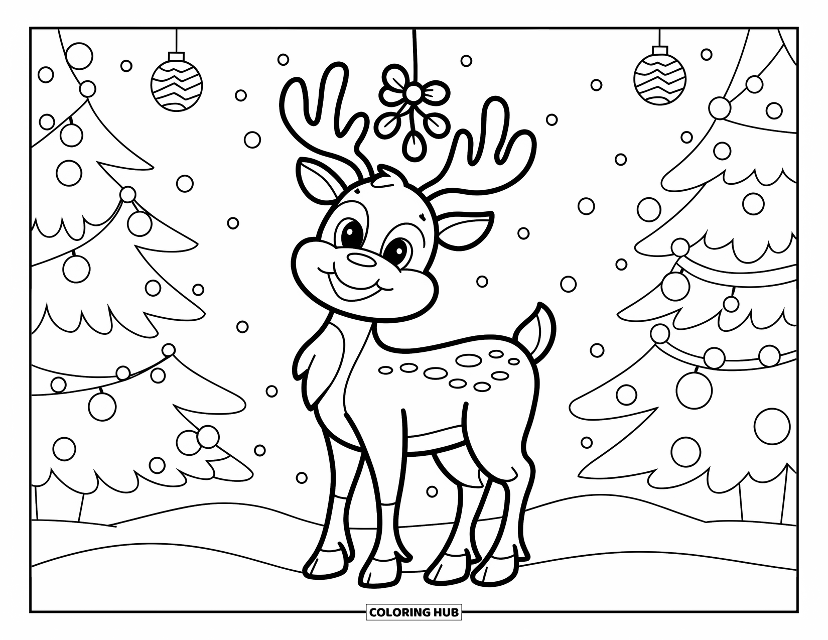 Mistletoe Coloring Page for Kids: A festive reindeer stands by a decorated tree under mistletoe