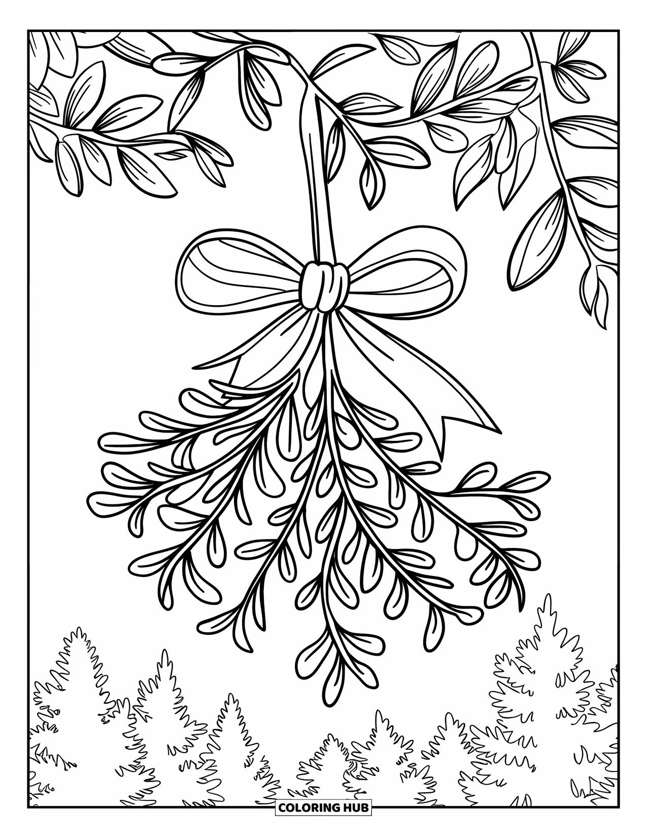 Mistletoe Coloring Page for Kids: A mistletoe sprig with a bow hangs above snowy evergreen trees