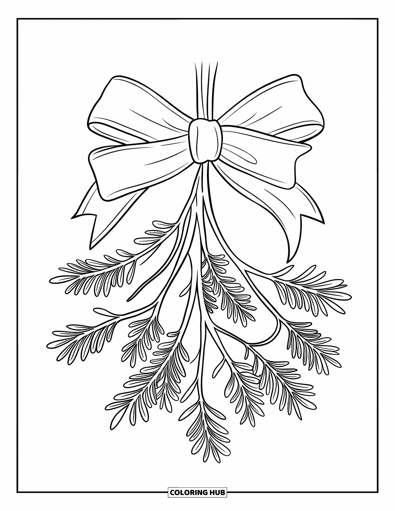 Mistletoe Coloring Page for Kids: A mistletoe sprig with a ribbon bow is tied to a branch