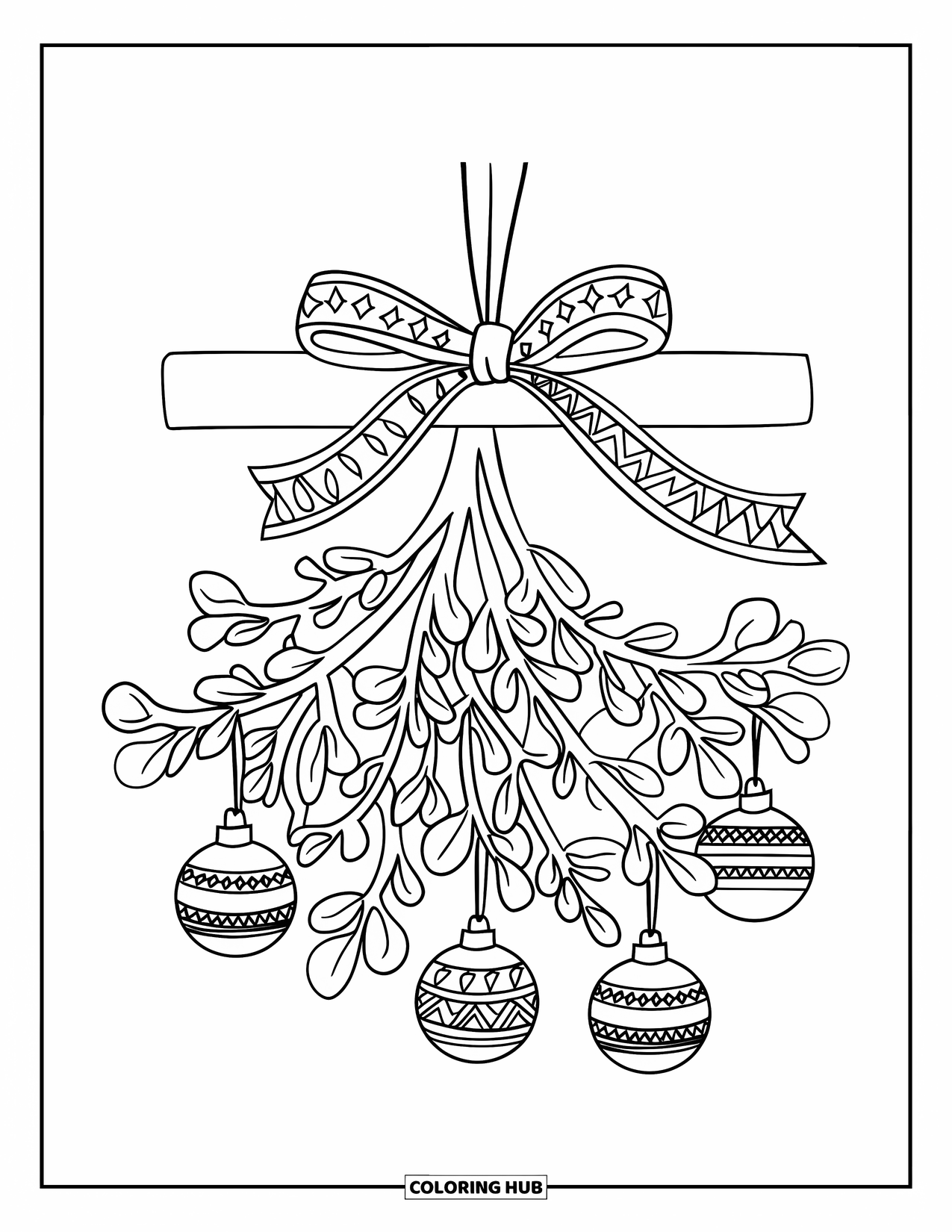 Mistletoe Coloring Page for Kids: A mistletoe with ribbon and baubles hangs from a wooden beam