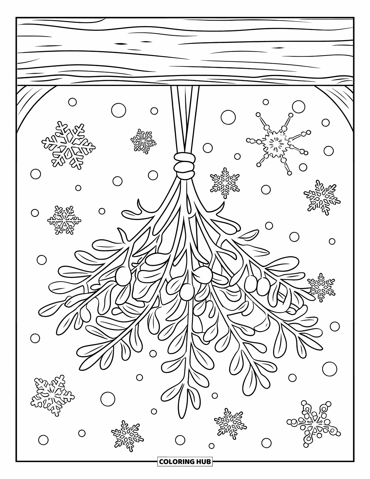 Mistletoe Coloring Page for Kids: A rustic mistletoe sprig is framed by falling snowflakes