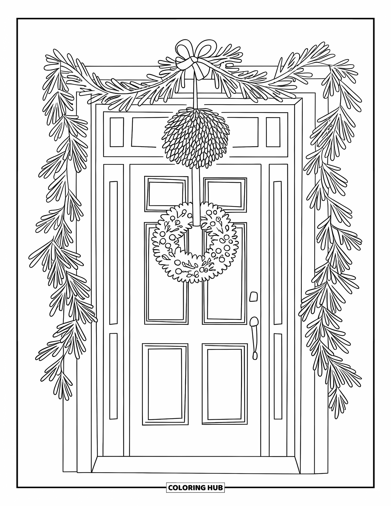 Mistletoe Coloring Page for Kids: A simple doorway with mistletoe garlands and a wreath is shown