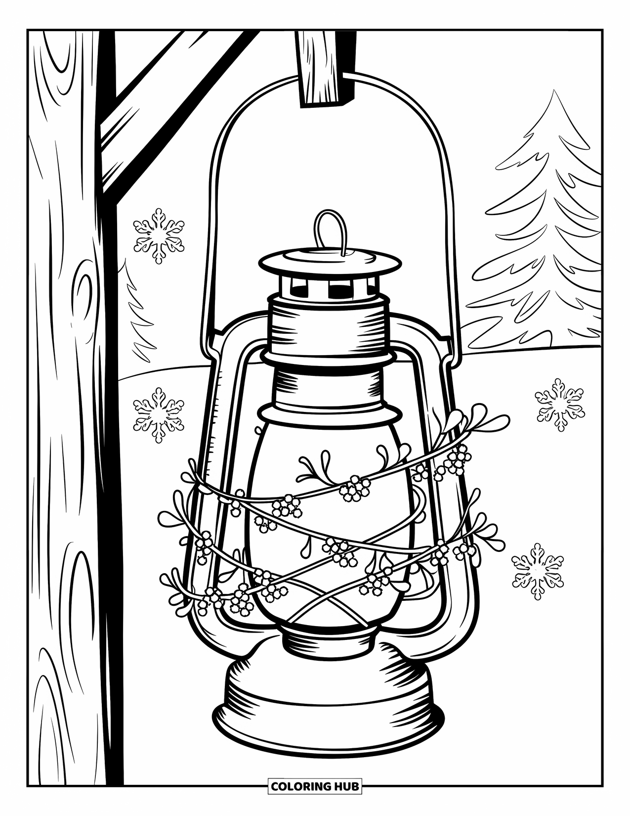 Mistletoe Coloring Page for Kids: A snowy lantern wrapped in mistletoe vines hangs on a post