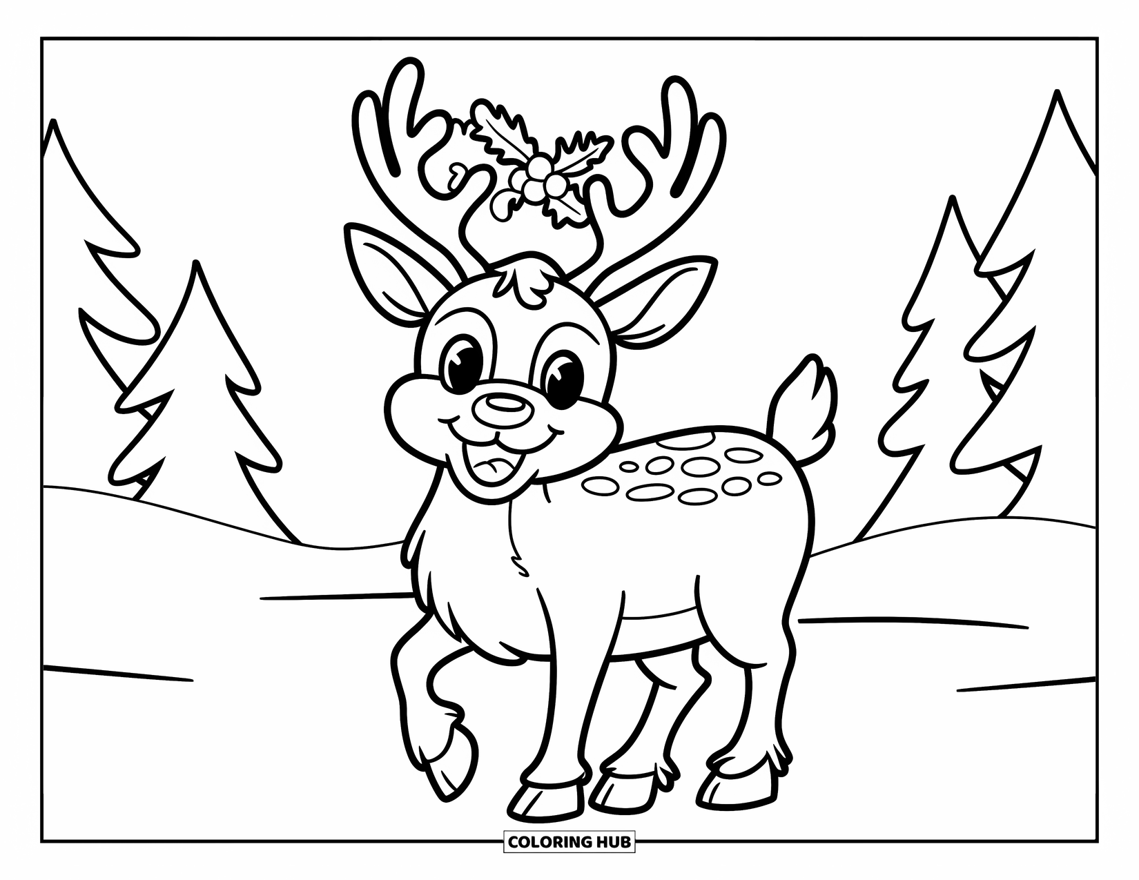 Mistletoe Coloring Page for Kids: A snowy reindeer smiles with mistletoe above its antlers