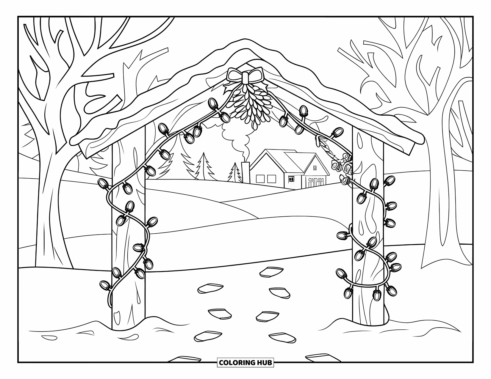 Mistletoe Coloring Page for Kids: A wooden arch wrapped in mistletoe and lights stands in snowy woods