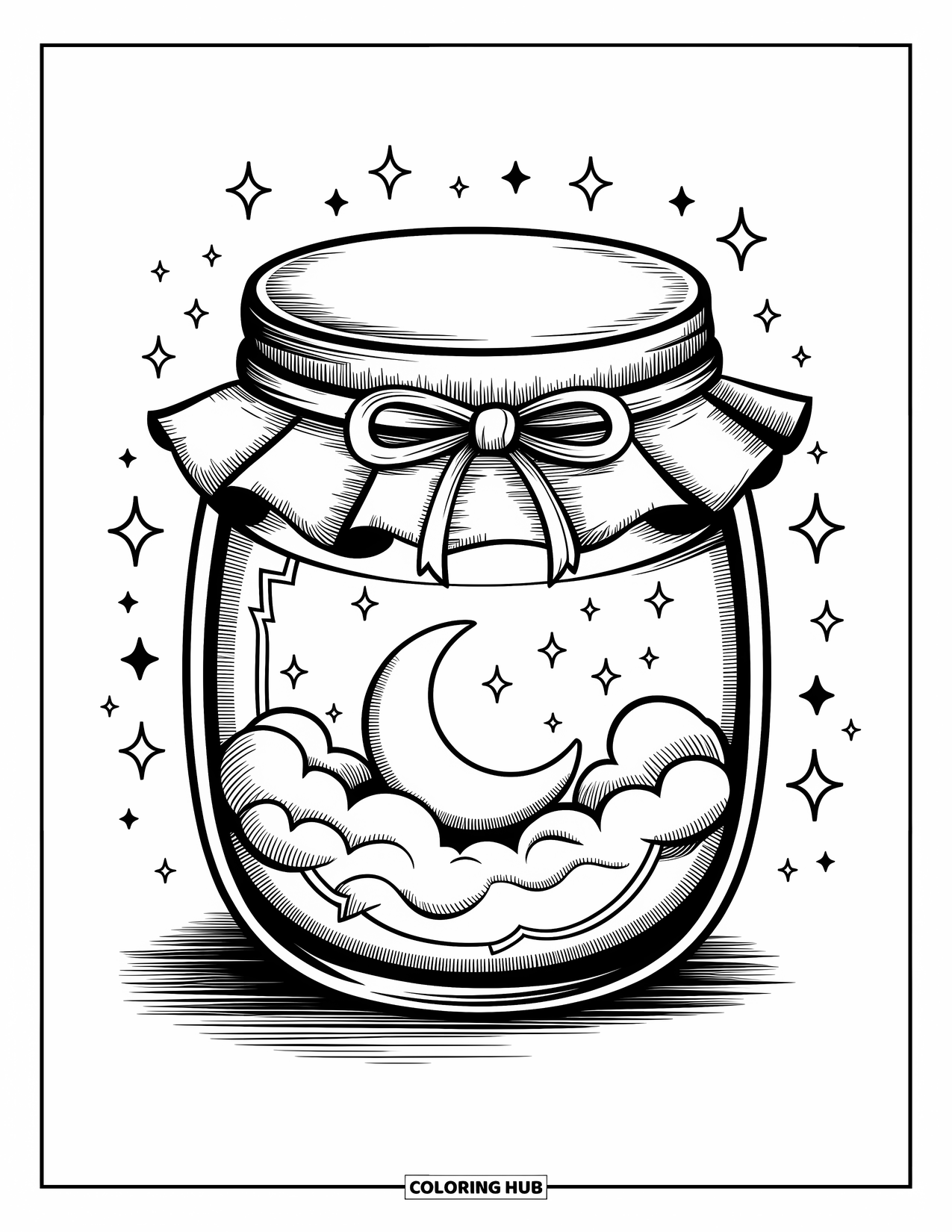 Moon And Stars Coloring Page for Adults: A magical jar with a moon and scattered stars