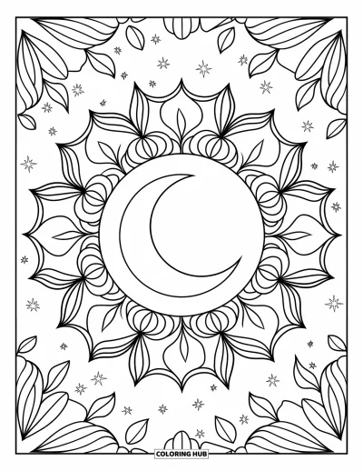 Coloriage de la lune et des étoiles pour adultes : Mandala botanique avec un croissant de lune et des étoiles