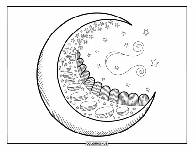 Coloriage de la lune et des étoiles pour adultes : Jardin douillet niché dans un cadre de croissant de lune