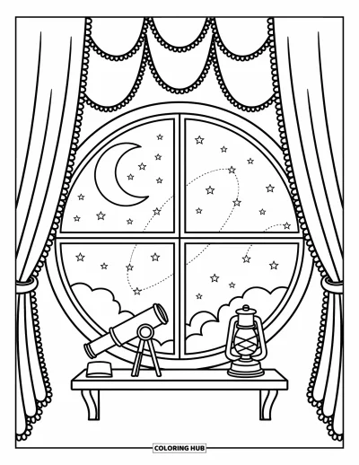 Coloriage de la lune et des étoiles pour adultes : Croissant de lune et étoiles encadrés par une fenêtre circulaire