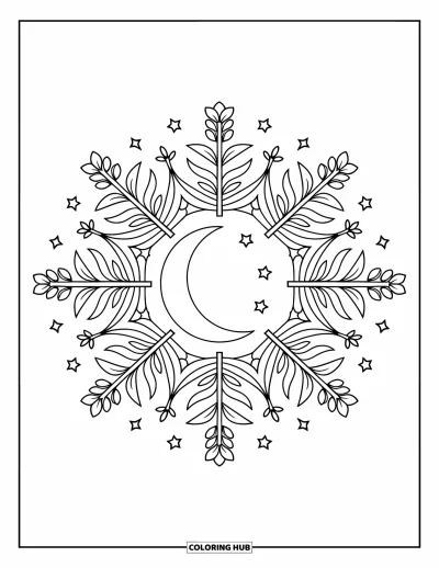 Coloriage de la lune et des étoiles pour adultes : Croissant de lune au centre d'un mandala floral