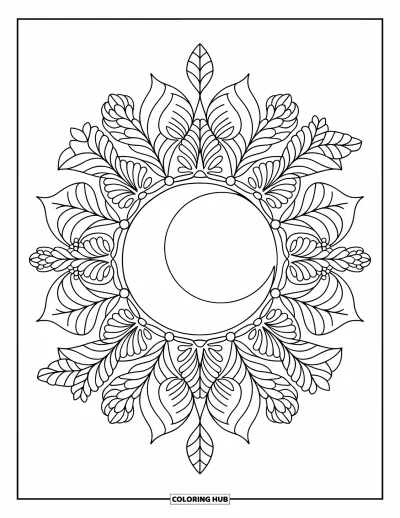 Coloriage de la lune et des étoiles pour adultes : Croissant de lune encadré par des motifs de mandala botanique