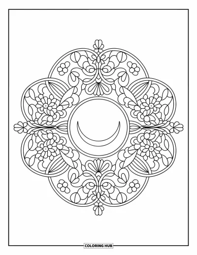 Coloriage de la lune et des étoiles pour adultes : Croissant de lune encadré dans un motif de vitrail