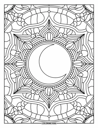 Coloriage de la lune et des étoiles pour adultes : Croissant de lune entouré de détails de vitrail finement travaillés