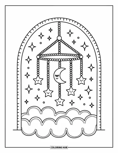 Coloriage de la lune et des étoiles pour adultes : Adorable mobile de lune et d'étoile flottant au-dessus d'un nuage brodé