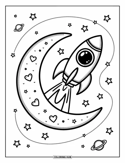 Coloriage de la lune et des étoiles pour adultes : Adorable fusée s'élançant au-dessus d'un croissant de lune étoilé