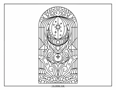 Coloriage de la lune et des étoiles pour adultes : Arche de vitrail décorative remplie de lunes et d'étoiles