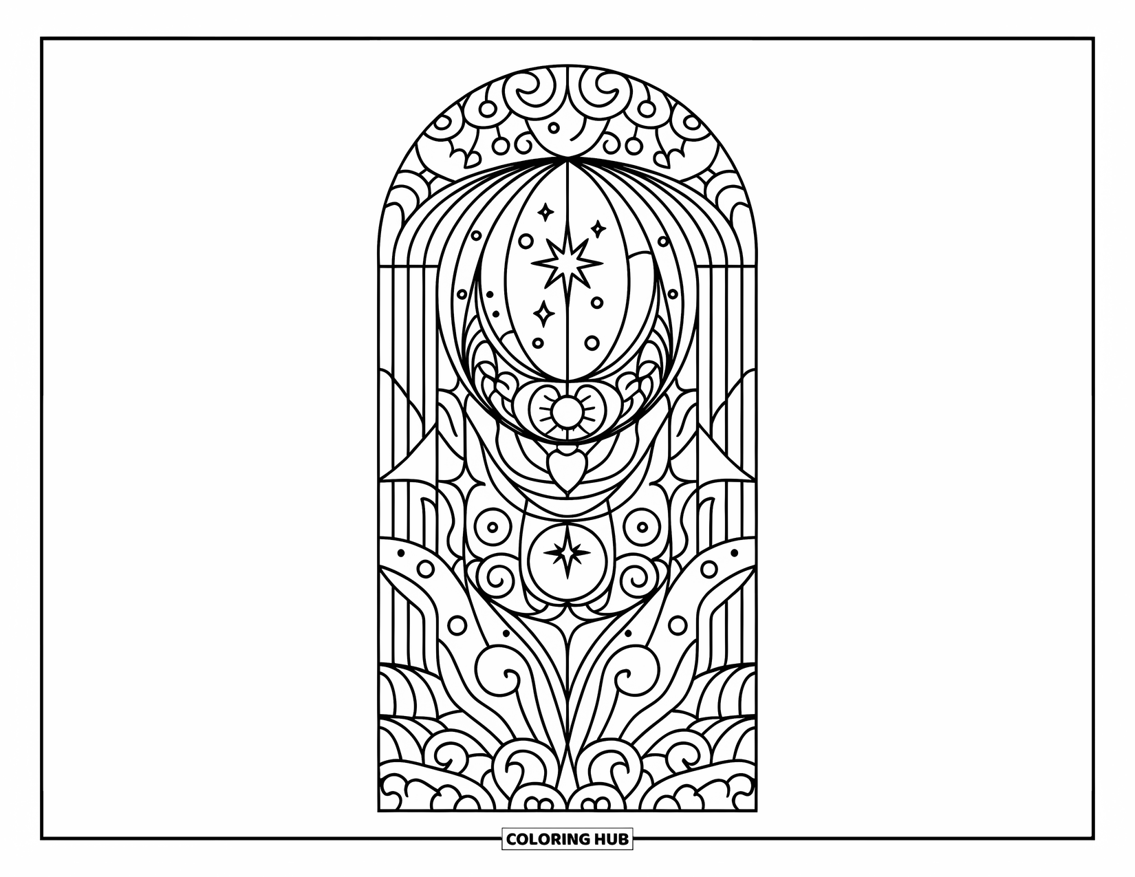 Moon And Stars Coloring Page for Adults: Decorative stained-glass arch filled with moons and stars