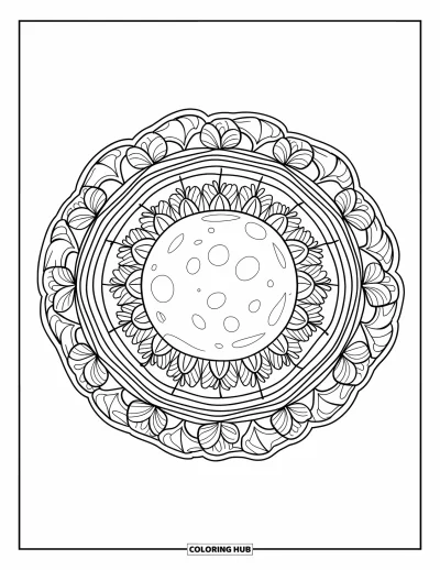 Coloriage de la lune et des étoiles pour adultes : Pleine lune encadrée par des mandalas floraux et feuillus