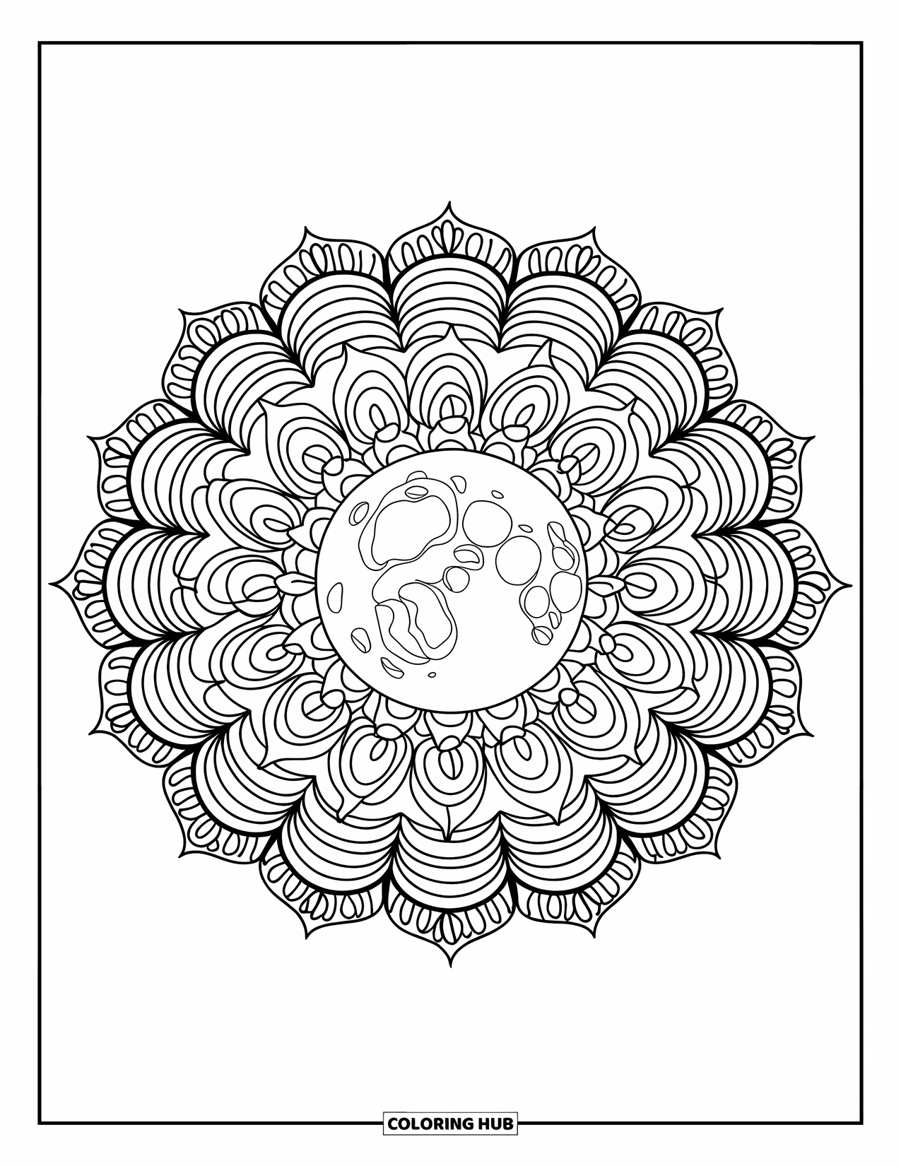 Moon And Stars Coloring Page for Adults: Full moon surrounded by floral mandala rings