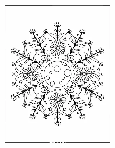 Coloriage de la lune et des étoiles pour adultes : Lune en mandala entourée de lianes, de fleurs et d'étoiles