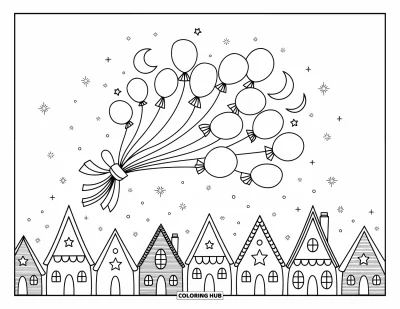 Coloriage de la lune et des étoiles pour adultes : Ballons en forme de lune et d'étoiles dérivant au-dessus de toits chaleureux