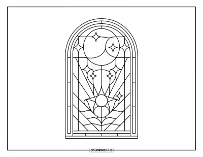 Coloriage de la lune et des étoiles pour adultes : Bouquet de lune et d'étoiles encadré dans une arche de vitrail