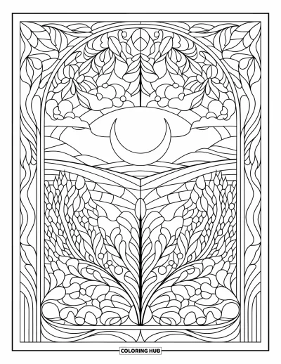 Coloriage de la lune et des étoiles pour adultes : Lune en pièce centrale avec des détails de vitrail et des motifs floraux