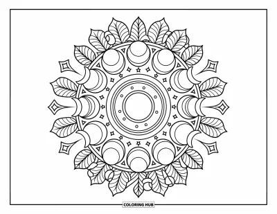 Coloriage de la lune et des étoiles pour adultes : Mandala des phases de la lune entouré d'étoiles et de feuilles
