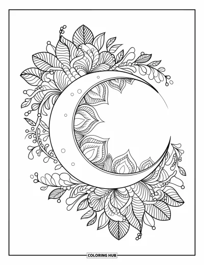 Coloriage de la lune et des étoiles pour adultes : Lune entourée de motifs de mandala botanique symétriques