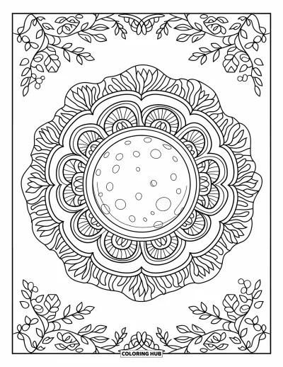 Coloriage de la lune et des étoiles pour adultes : Lune avec des couches de mandala feuillues en anneaux concentriques